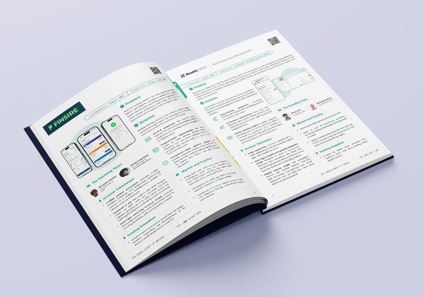 The dossier open at the Finsire profile, with phone screenshots, founding team, market and traction, and investor takeaways.