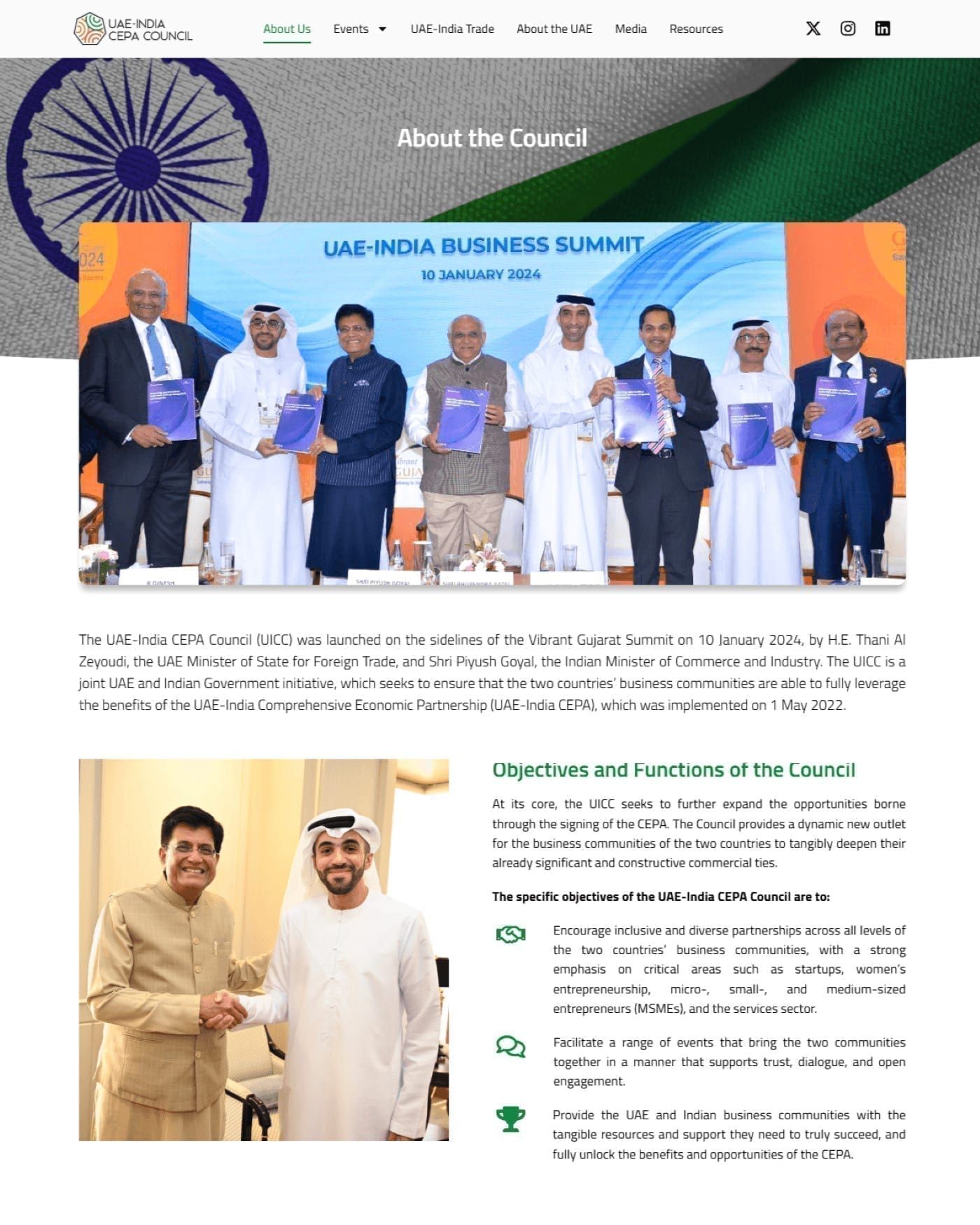 Full-page view of About the Council: a group photo from the UAE–India Business Summit, an introduction, and a list of the Council’s objectives.