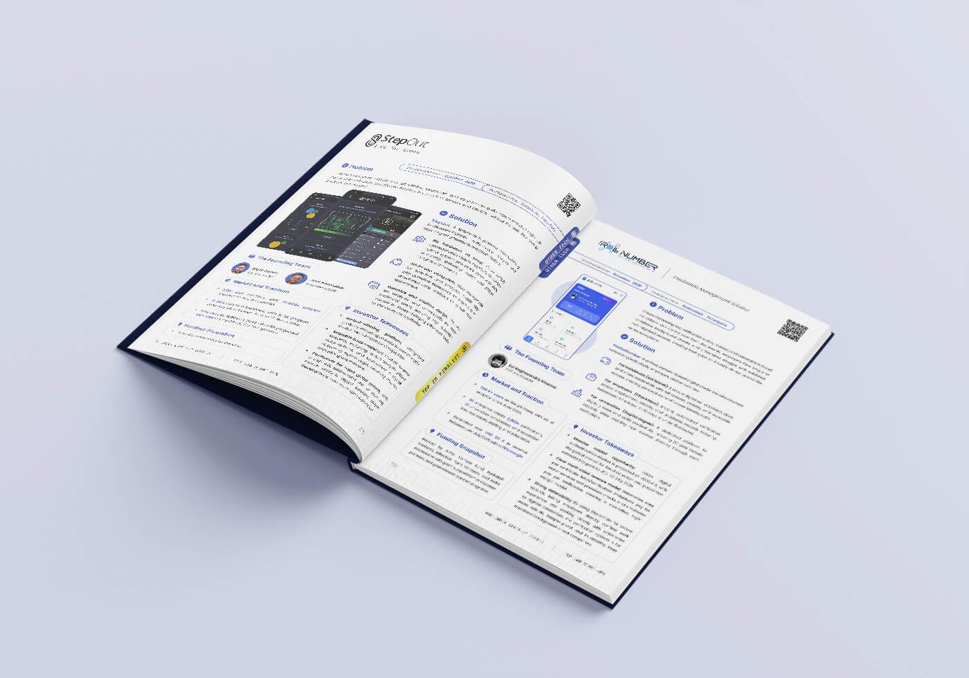 The dossier open at the StepOut and RollNumber profiles, each with app screenshots, founder photos and short problem, solution and traction sections.