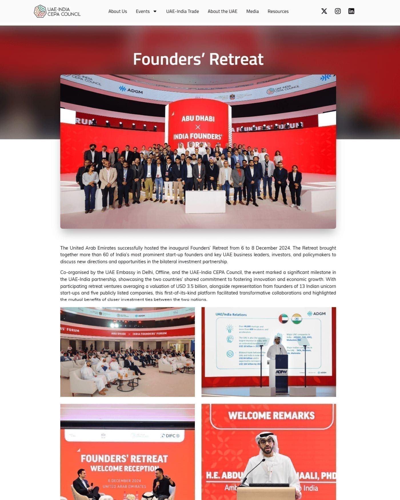 Full-page view of the Founders’ Retreat event page: a group photo in front of a red stage backdrop, a write-up and a grid of event photos.
