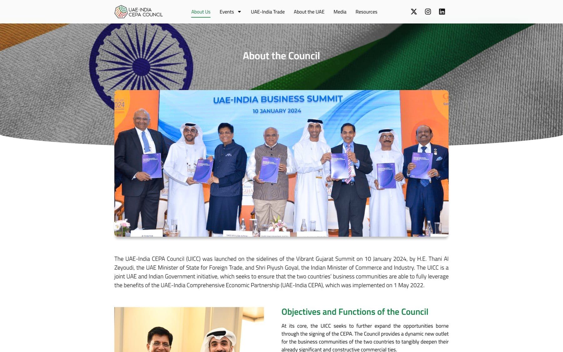 The redesigned About the Council page: the title over a close-up of the Indian flag in fabric, a group photo from the UAE-India Business Summit of 10 January 2024 with delegates holding a publication, and an introduction to the Council.