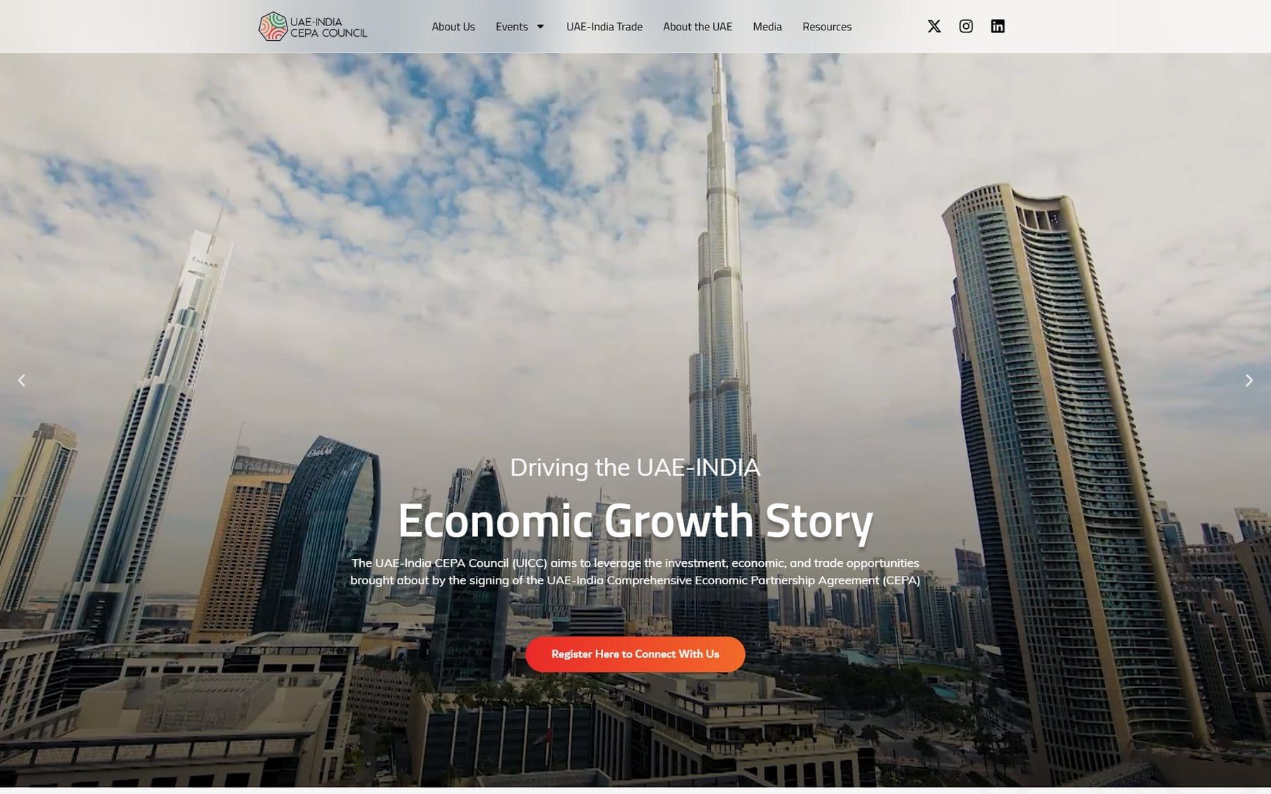 The redesigned home page: a full-screen view of the Dubai skyline with the heading “Driving the UAE-India Economic Growth Story”, a short introduction to the Council and a “Register Here to Connect With Us” button.
