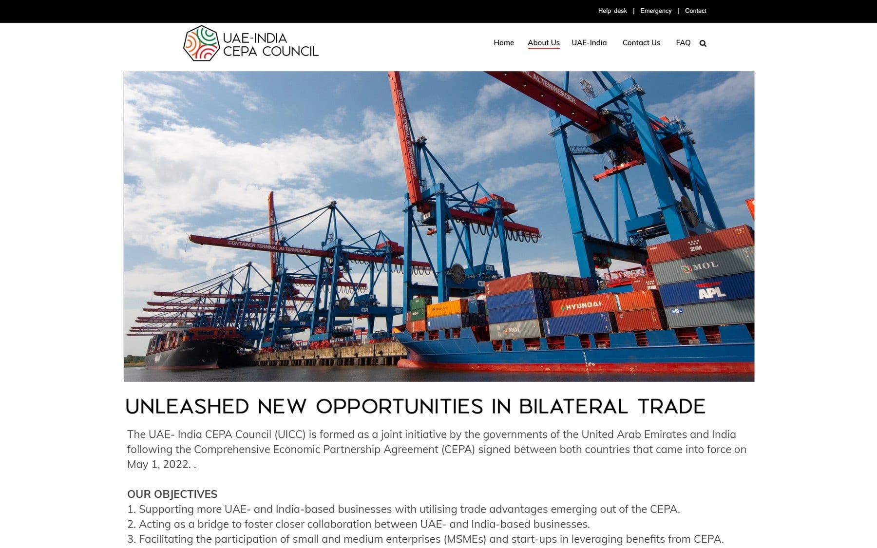 The About Us page before the redesign: a photo of a container port, the heading “Unleashed new opportunities in bilateral trade” and a numbered list of objectives.