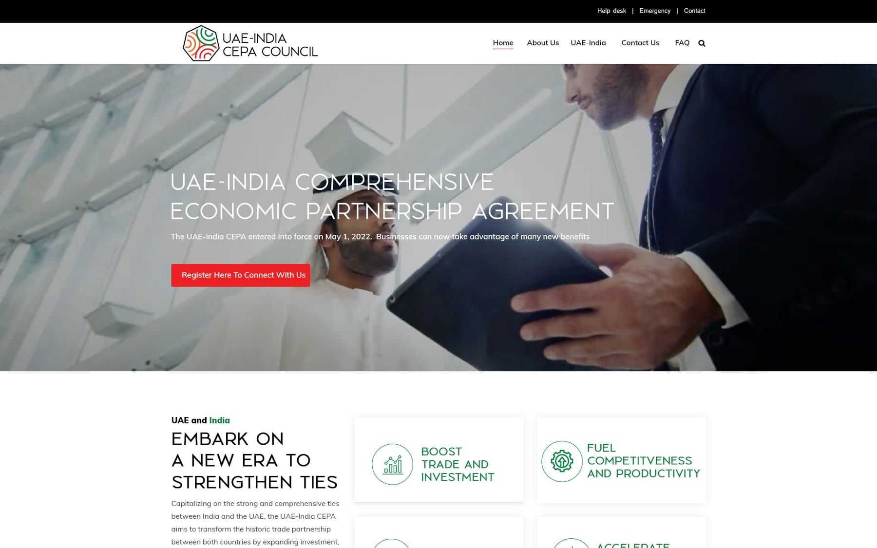 The home page before the redesign: a stock photo of a business meeting under the heading “UAE-India Comprehensive Economic Partnership Agreement”, a red “Register Here To Connect With Us” button, and the start of a section headed “Embark on a new era to strengthen ties”.