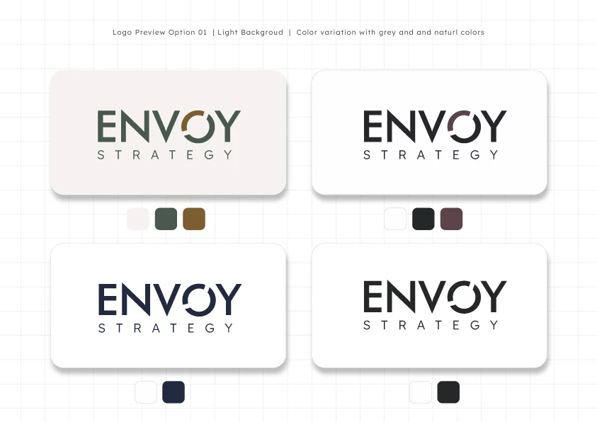 Four versions of the wordmark on white cards, each with small colour swatches beneath: greys with green and brown, black with plum, navy, and black.