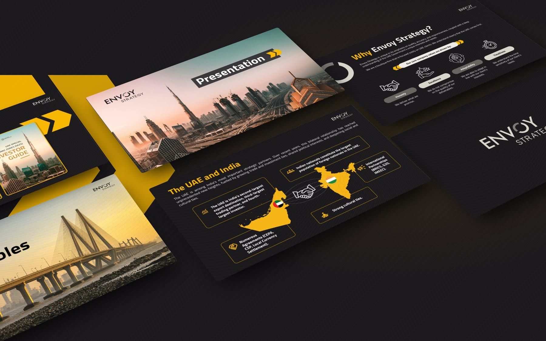 Six slides from the deck floating at an angle on charcoal beside large yellow chevrons: the cover, the track record, the UAE–India infographic, the company values, a section opener and the closing logo slide.