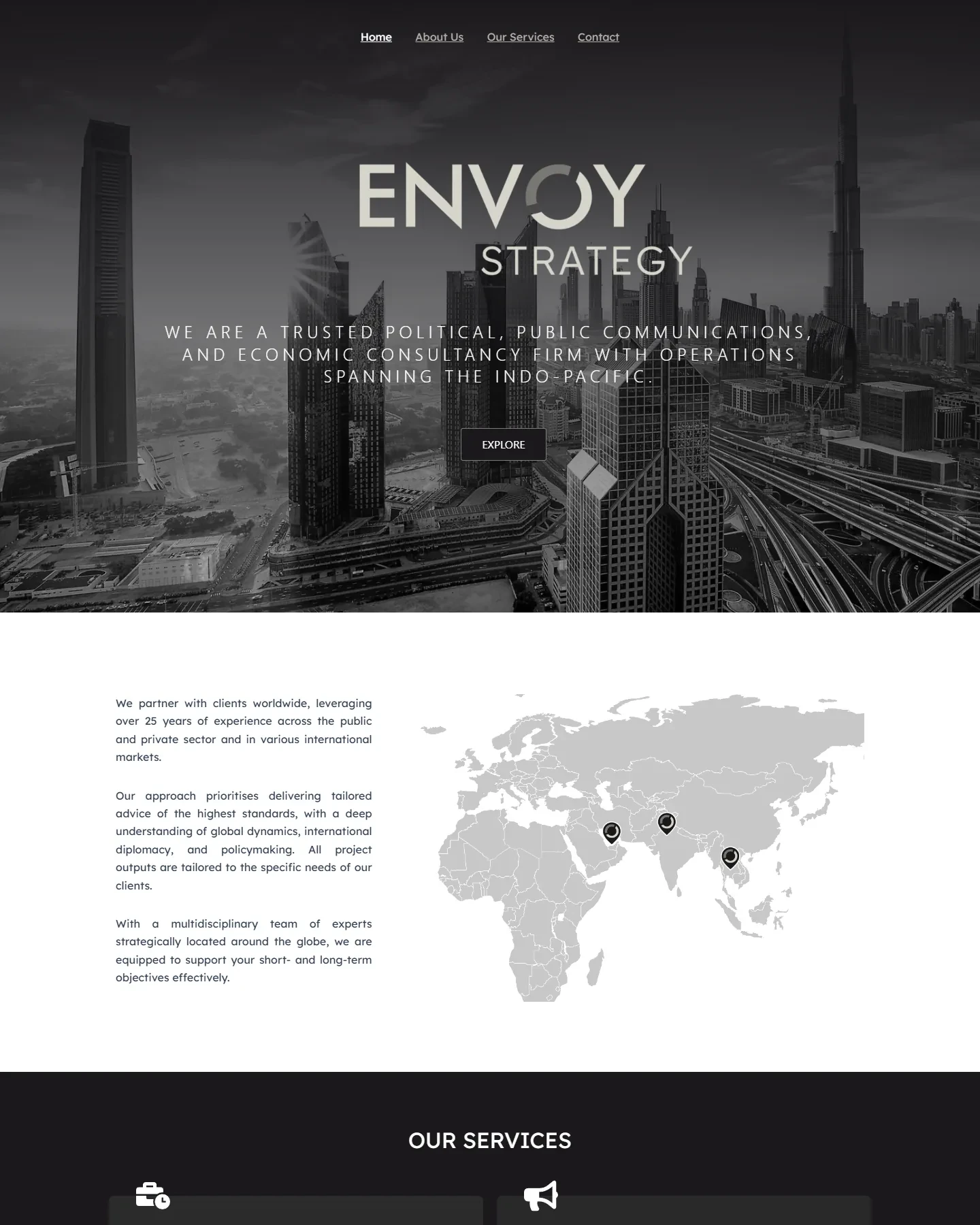The top of the Envoy Strategy home page on desktop: the off-white logo over a black-and-white city skyline, then an introduction beside a grey world map with location pins.