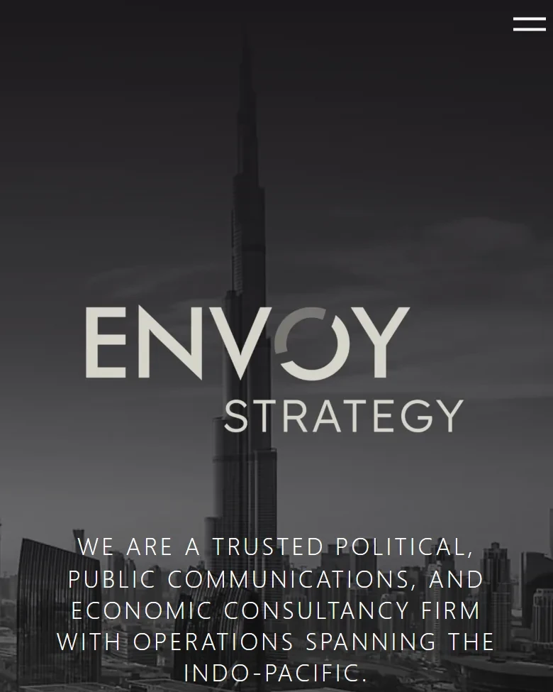 The top of the home page on a phone: the off-white logo and the firm’s one-line description over a black-and-white skyline.